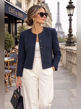Parisian Works Black Textured Lined Collarless Blazer Preppy Jacket Petite L
